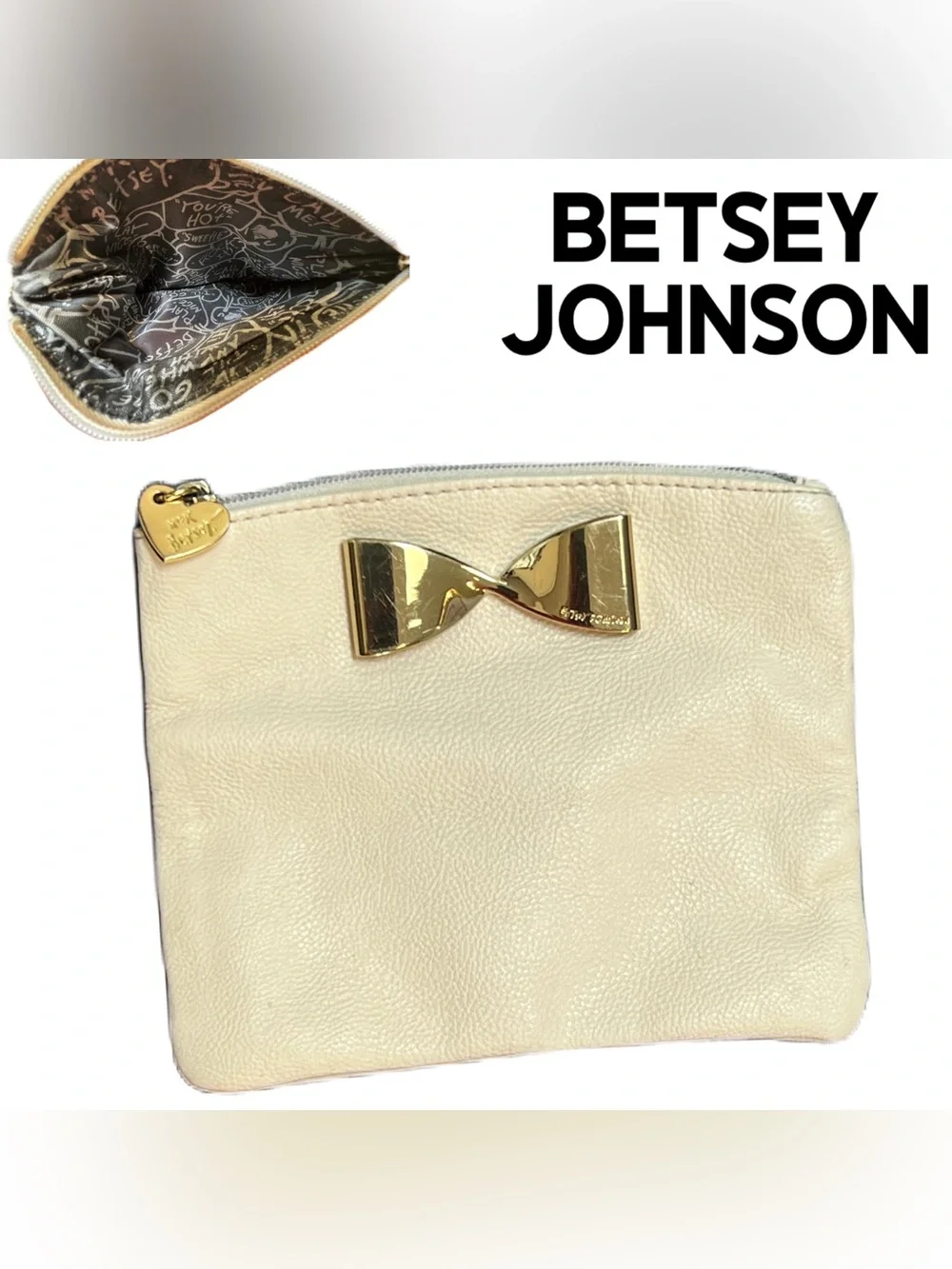 Betsey Johnson Cream Cosmetic Pouch with Gold Bow